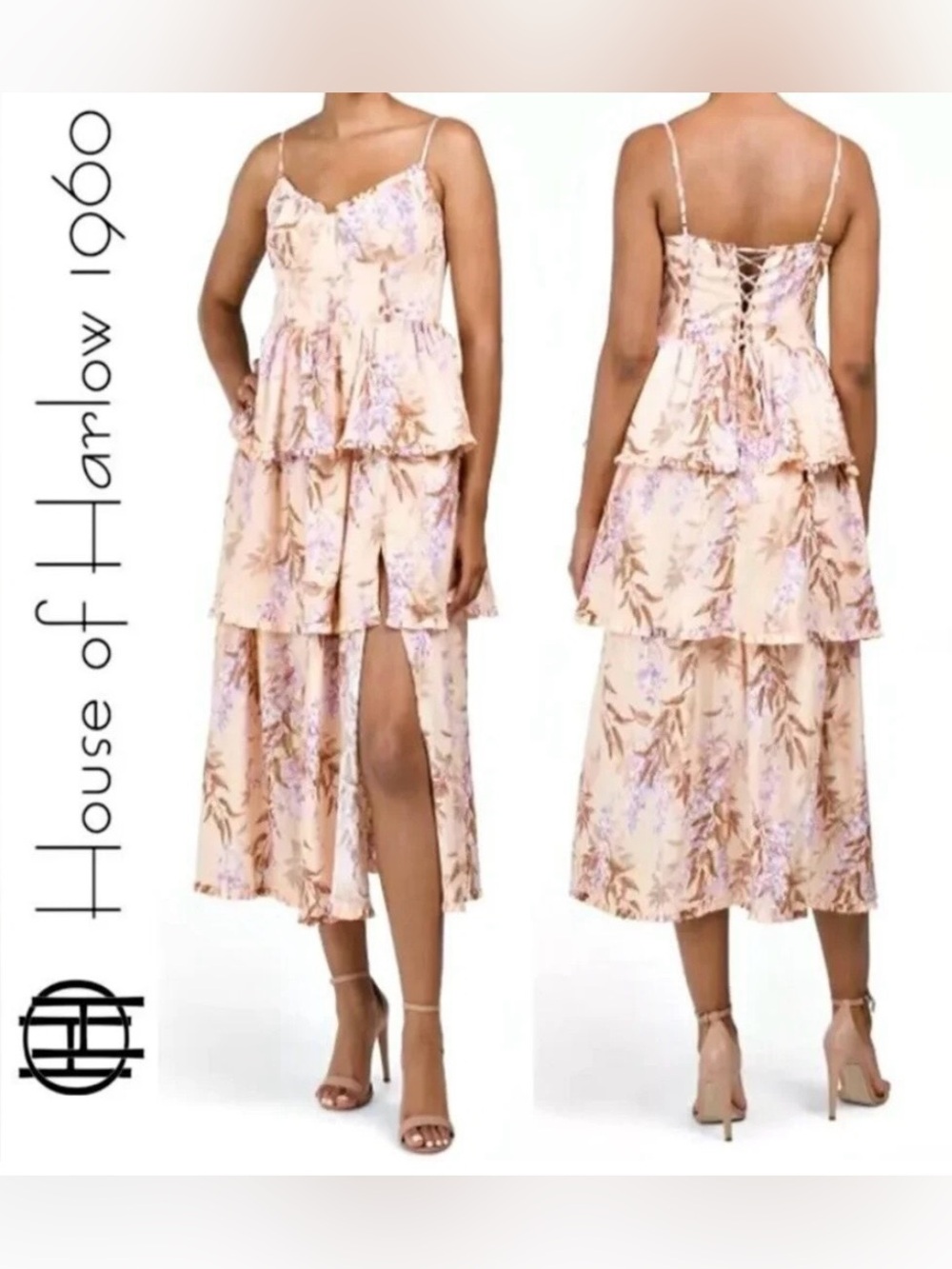 House of Harlow 1960 Peach Floral Tiered linen blend Dress. L